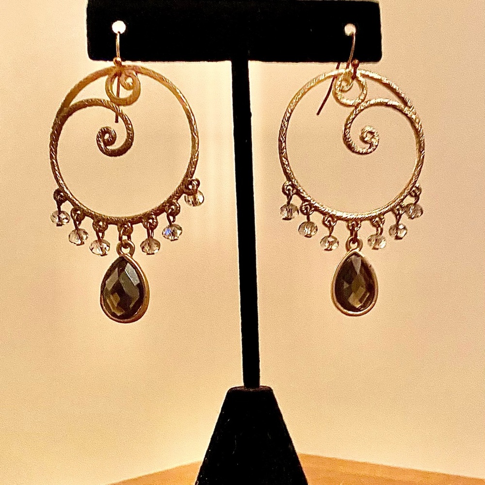 Earrings GoldTone Spiral  faux Amber Crystal